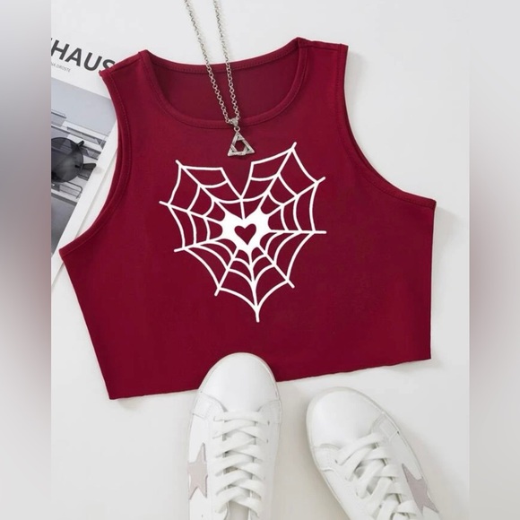 Women’s SHEIN Burgundy Spider Web and Heart Print Cropped Tank Top. Size Medium - Picture 2 of 7